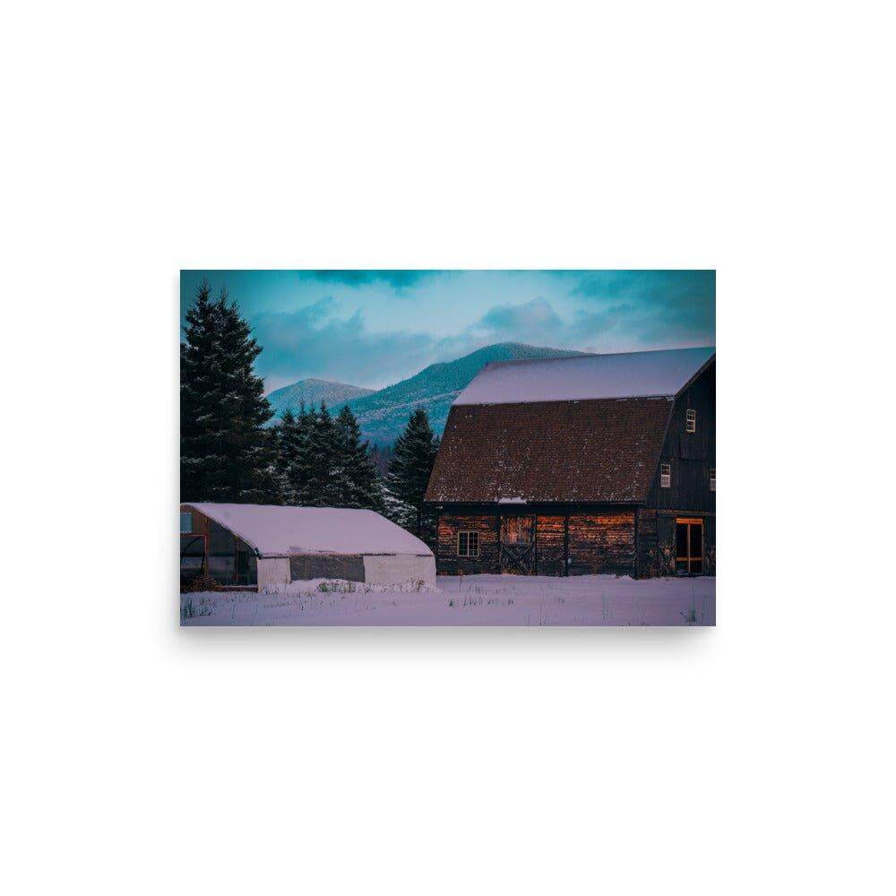 Adirondack Mountain High poster with a serene winter scene featuring a rustic barn and snow-covered landscape.