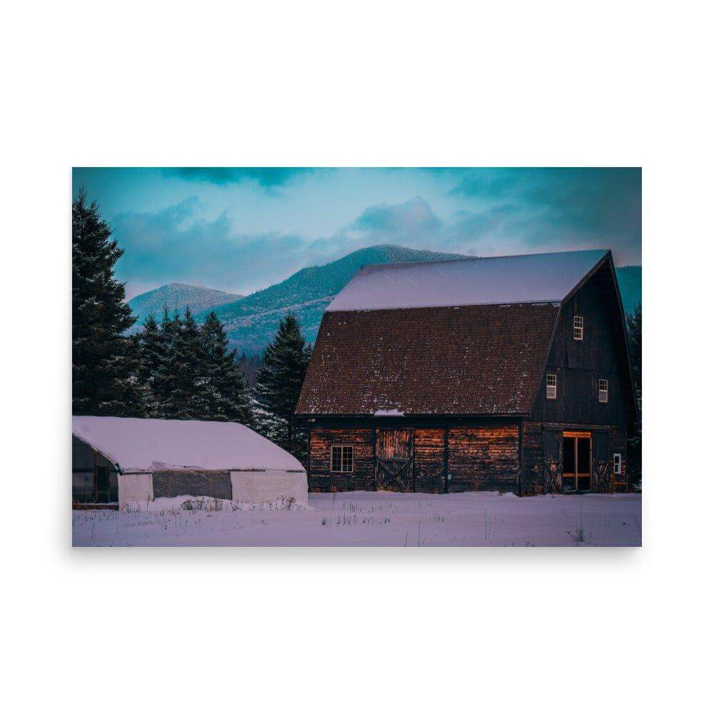 Adirondack Mountain High poster with glossy matte finish featuring a rustic barn and winter landscape, perfect for adding sophistication to any room