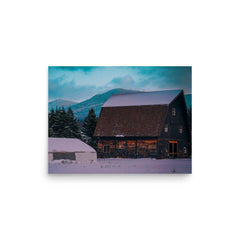 Adirondack Mountain High poster with glossy matte finish featuring an image of a snowy barn and distant mountain scenery.