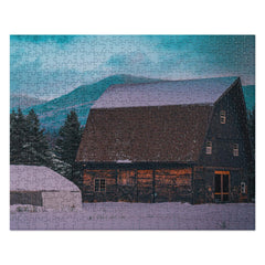 Adirondack Mountain High puzzle featuring a snowy barn and mountain scene, 252/520 pcs, vibrant colors, pressed paper chipboard, semi-gloss finish