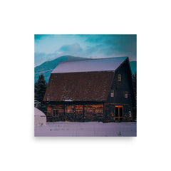 Adirondack Mountain High poster featuring an old barn against a mountain backdrop at dusk. Museum-quality, thick matte paper.