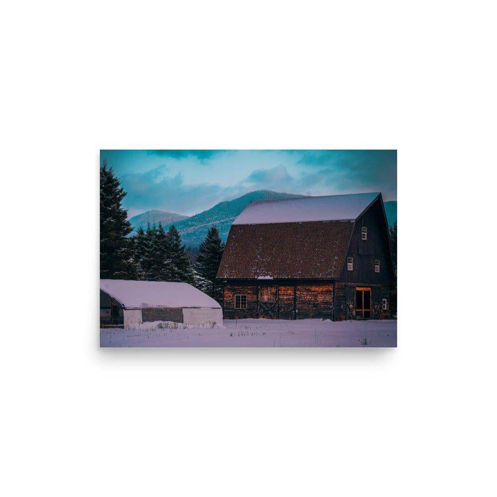 Scenic Adirondack Mountain High poster with a partly glossy, matte finish, featuring a rustic barn in a snowy landscape.