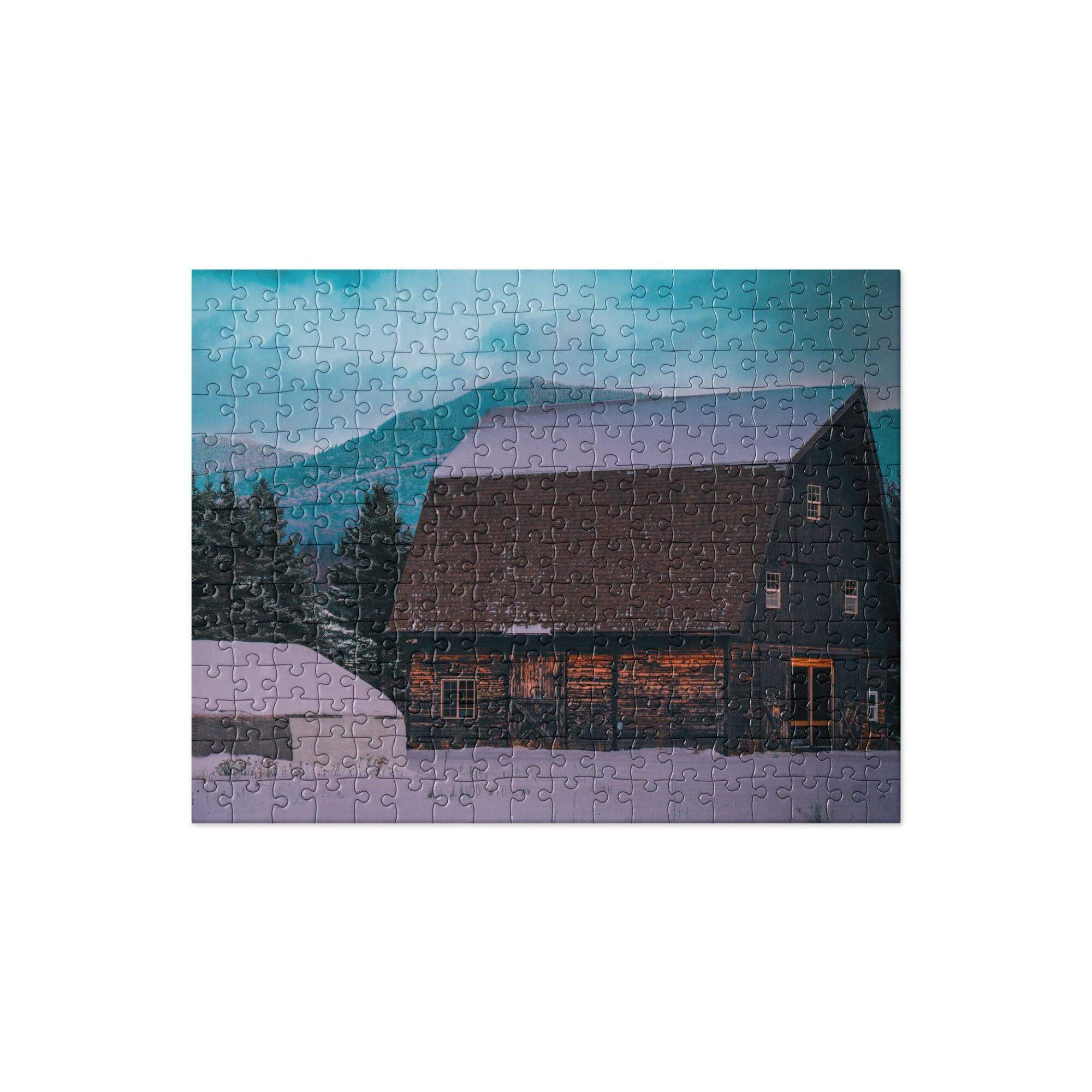 Adirondack Mountain High puzzle featuring a snowy cabin and mountain landscape, perfect for family bonding and teamwork