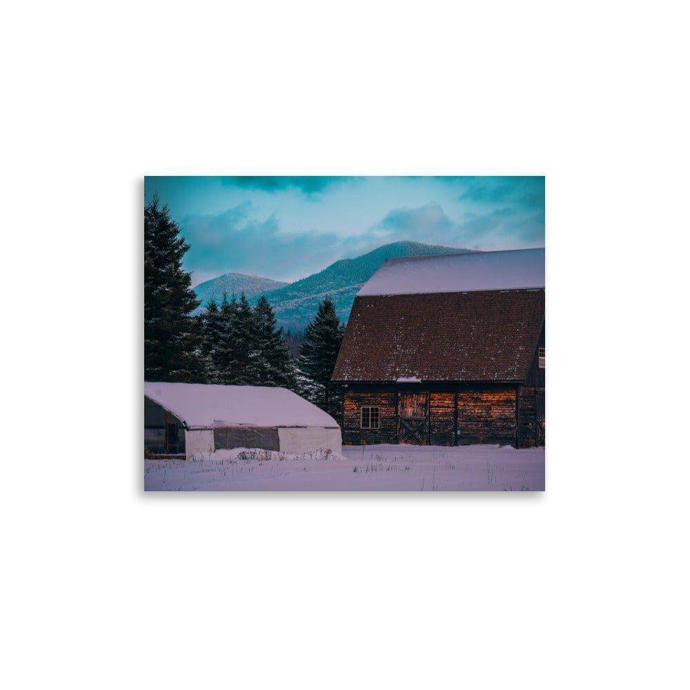 Adirondack Mountain High poster showcasing snow-covered barn and pine trees against mountain backdrop. Museum-quality thick matte paper.