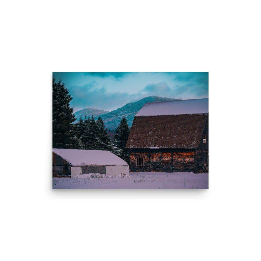 Adirondack Mountain High poster featuring a serene winter scene with rustic barns and snow-covered pine trees against mountain backdrop.