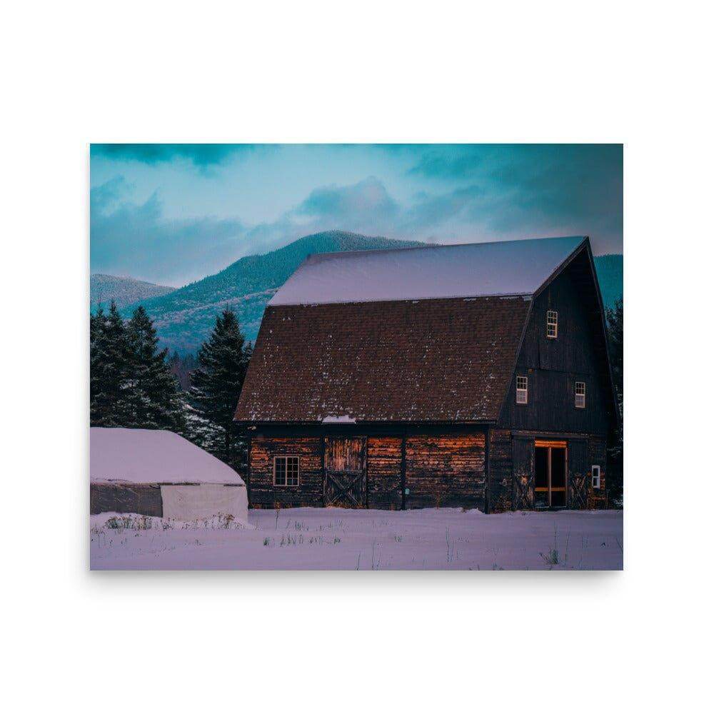 Adirondack Mountain High poster featuring a rustic barn in a snowy landscape with a mountain backdrop and trees.