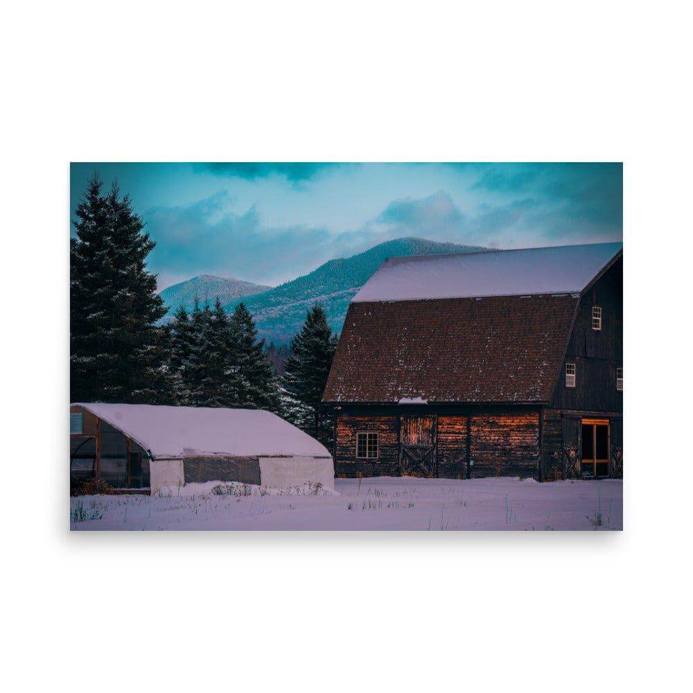 Snow-covered barn and trees with Adirondack Mountains in the background, perfect for adding a rustic touch to your room.