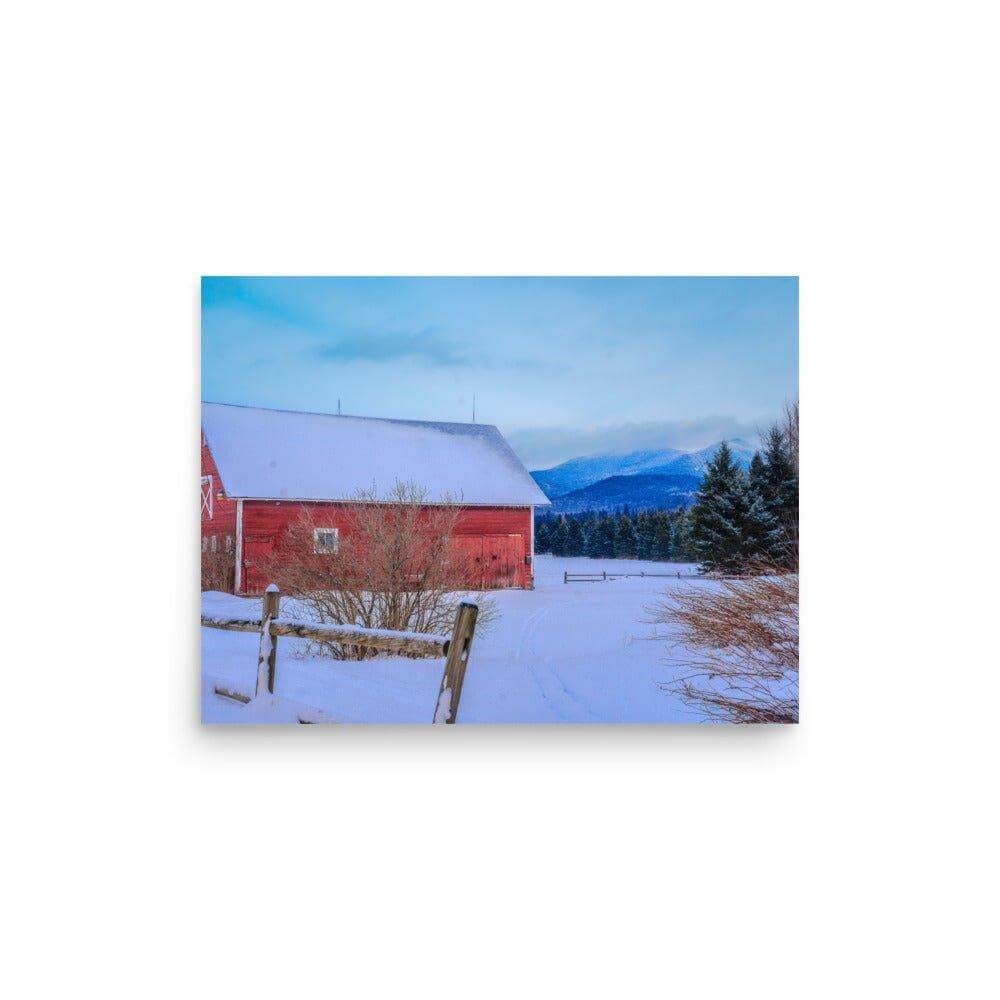 Red barn in snowy mountain landscape poster with matte finish and giclée printing quality. Ideal for adding motivation and sparkle to any space.