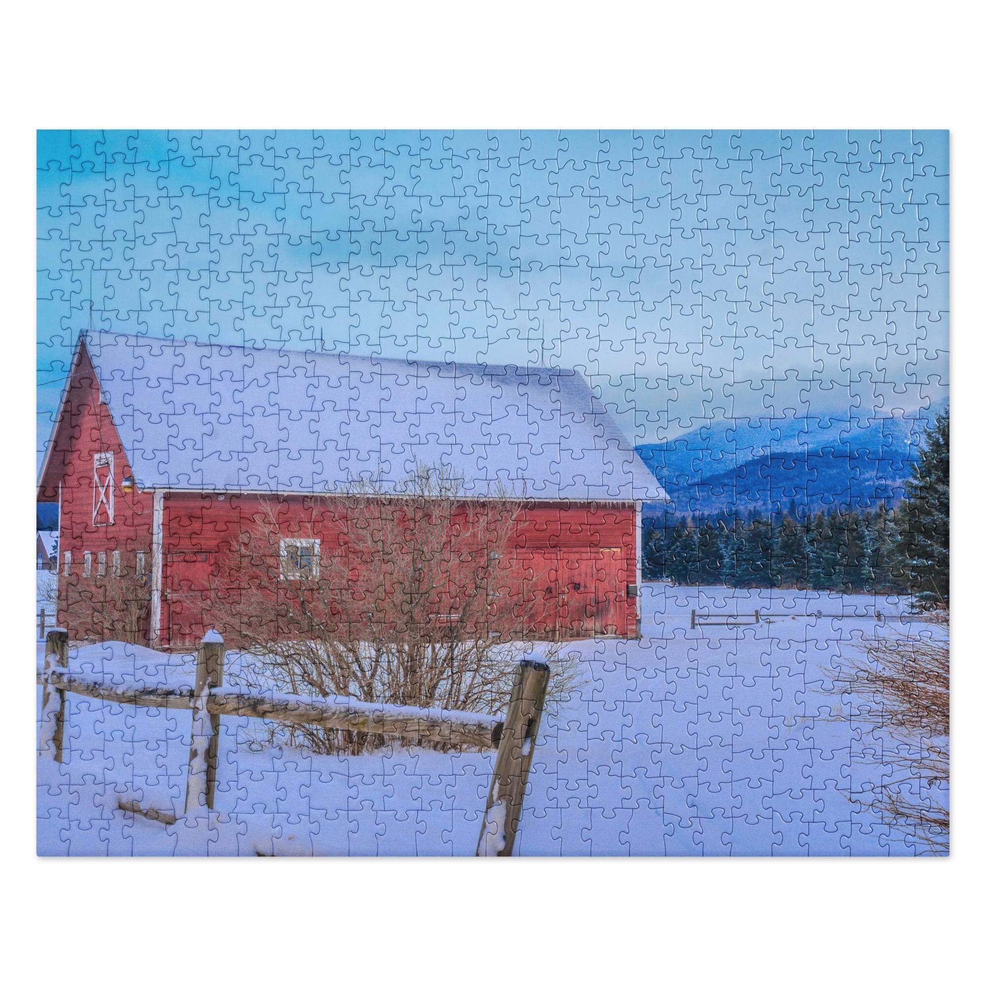 Red barn in snowy mountain landscape puzzle, perfect family activity, 252 or 520 pcs, vibrant colors, semi-gloss finish.