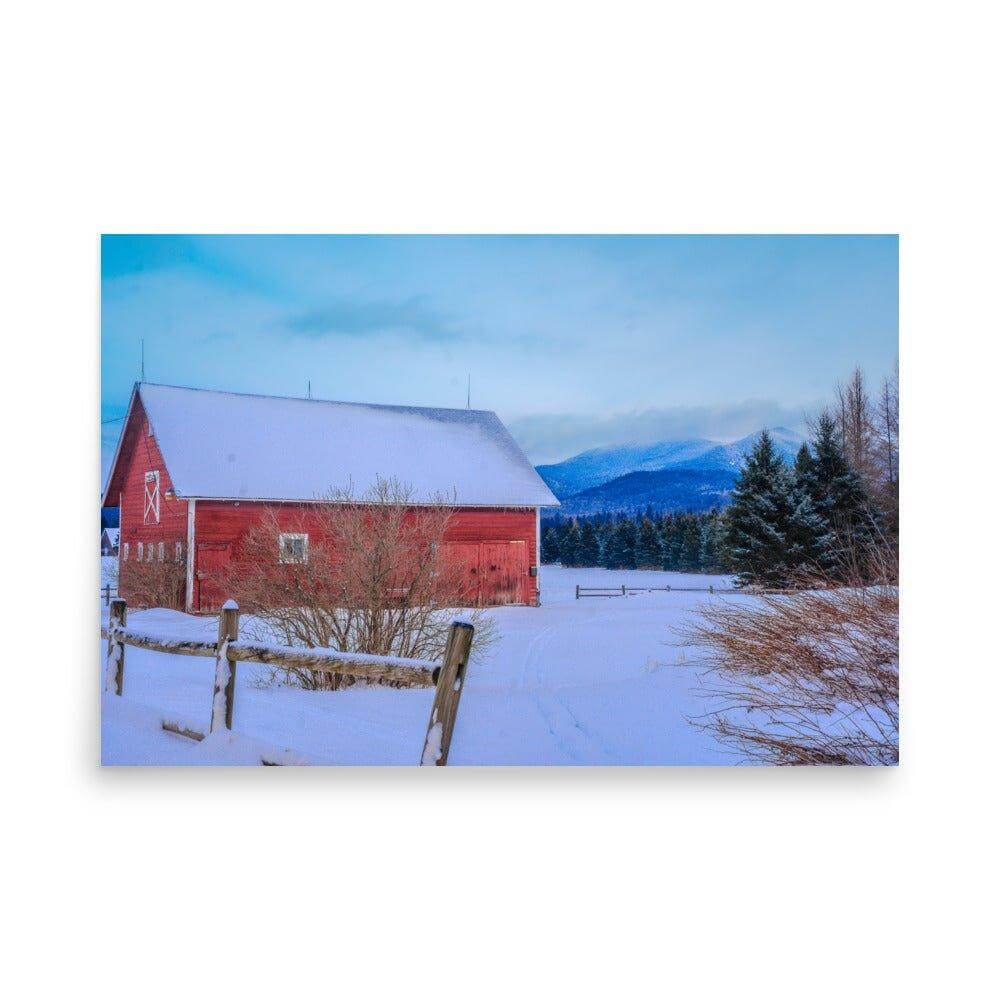 Red mountain barn poster with snowy landscape and evergreen trees, perfect for enhancing any space with its vibrant, matte-finish artwork.