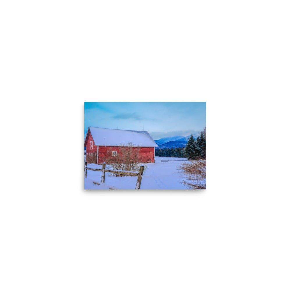 Red mountain barn in snow, matte-finish poster with giclée printing, perfect for adding sparkle and showcasing personal style in any space.