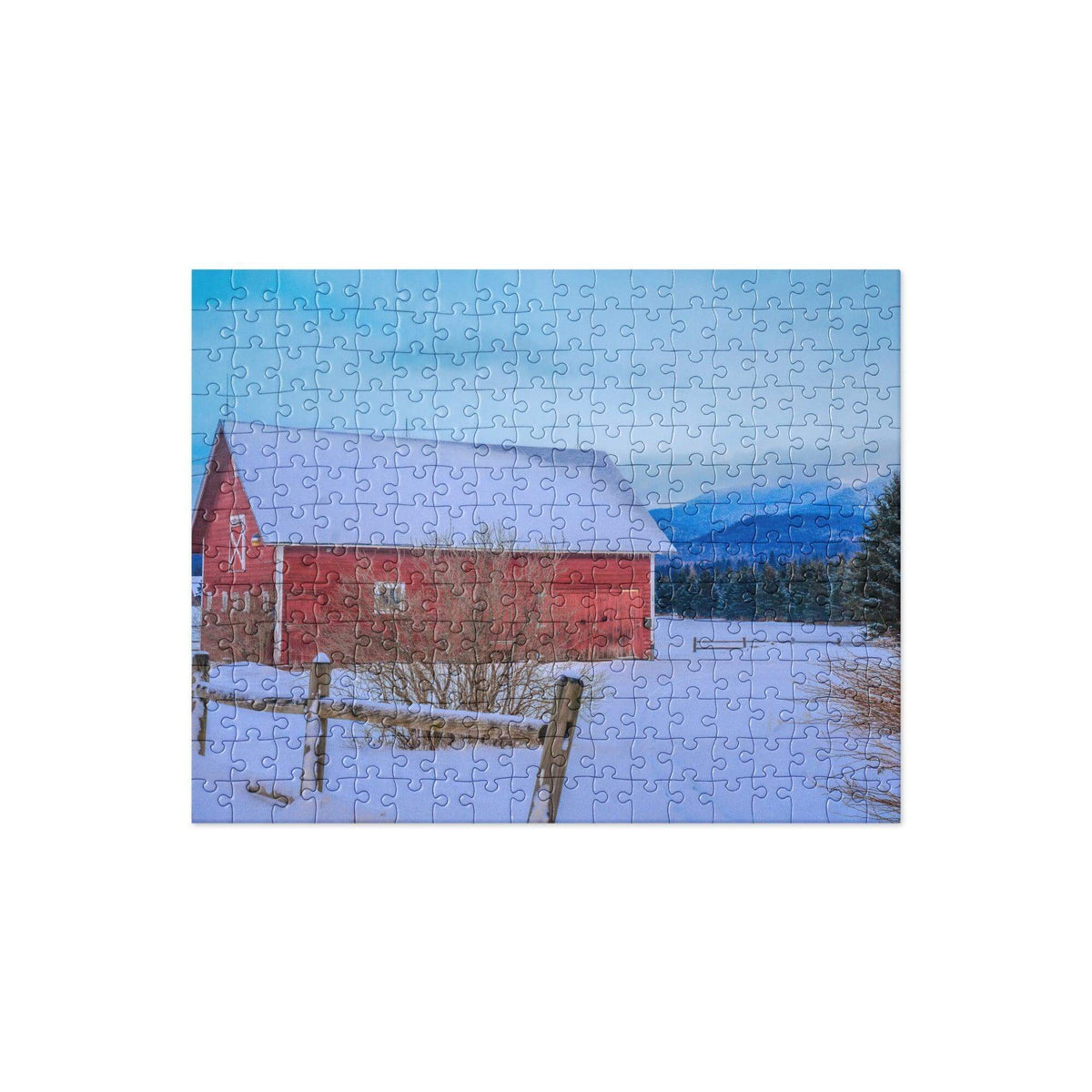 Mountain Barn puzzle featuring a red barn in a snowy landscape, perfect family bonding activity with vibrant colors and semi-gloss finish