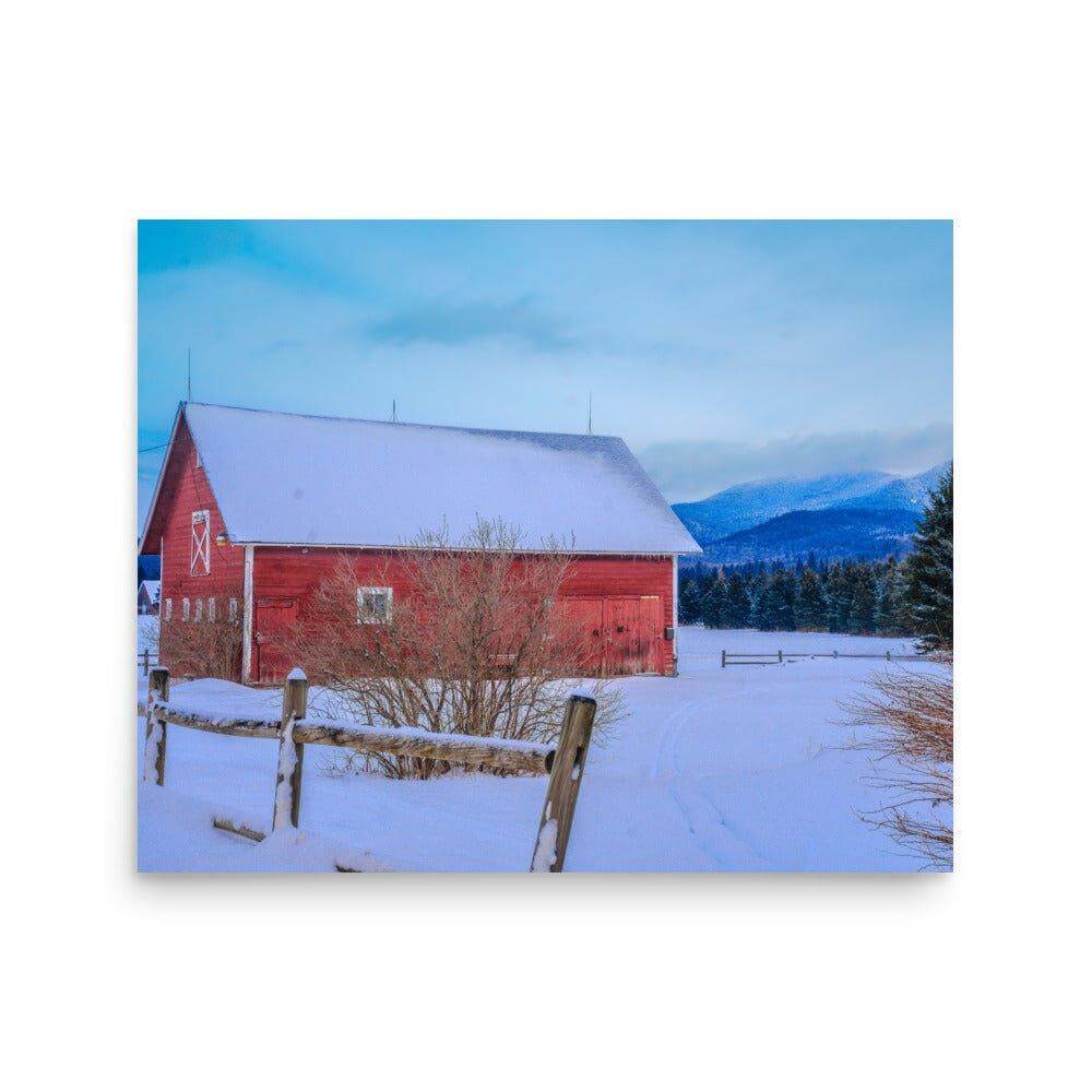 Red mountain barn in snowy winter landscape with matte-finish poster quality, showcasing vibrant colors and giclée printing.