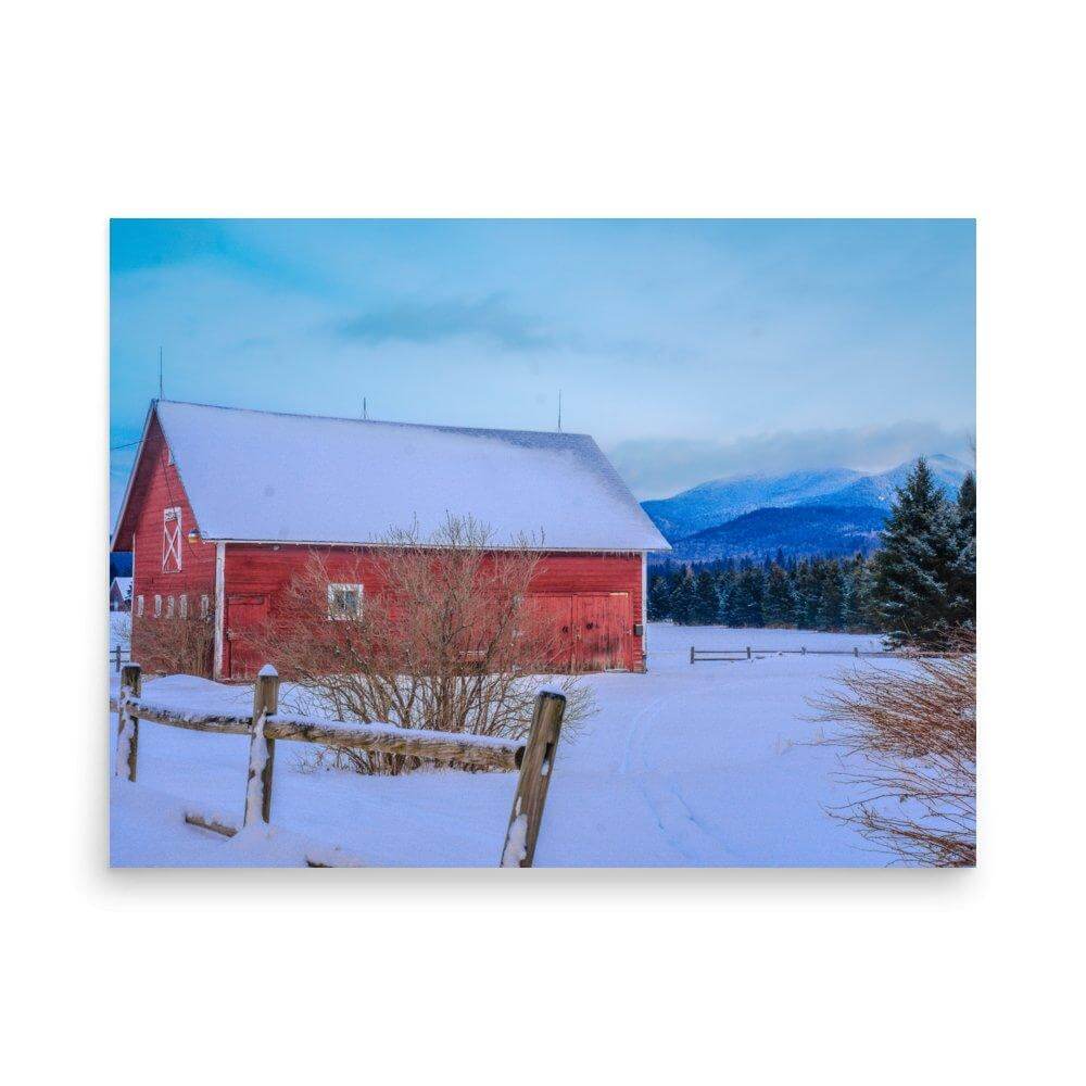 Mountain Farm poster with glossy and matte finish, featuring a red barn in a snowy landscape with mountains in the background.