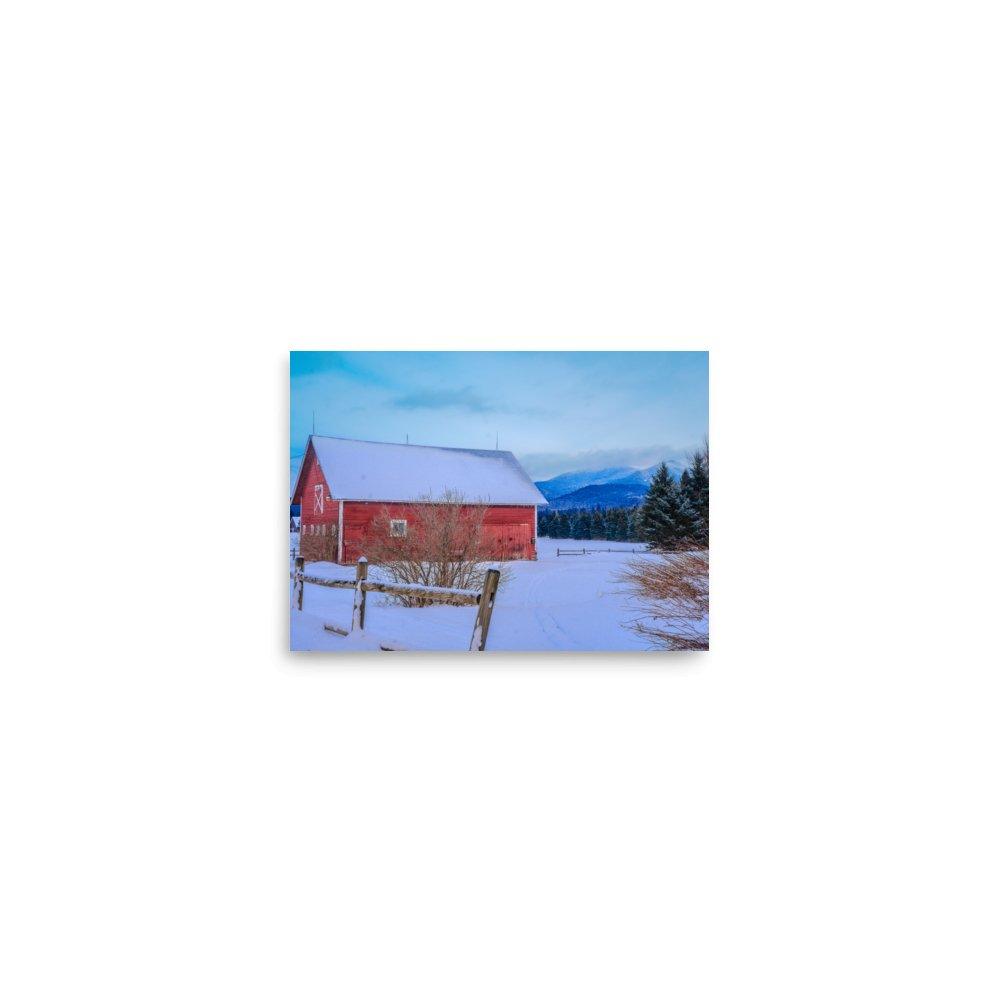 Mountain Farm poster with red barn in snowy landscape, partly glossy and matte finish, adds sophistication to any room