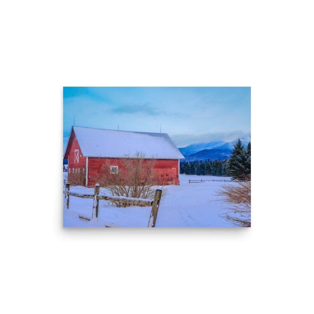 Mountain Farm poster with red barn, snow-covered landscape, and mountain backdrop, sophisticated decor with glossy and matte finish