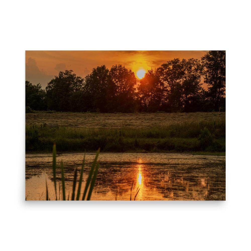 Summer Solstice 2024 matte-finish poster featuring sunset over a serene pond with trees in the background