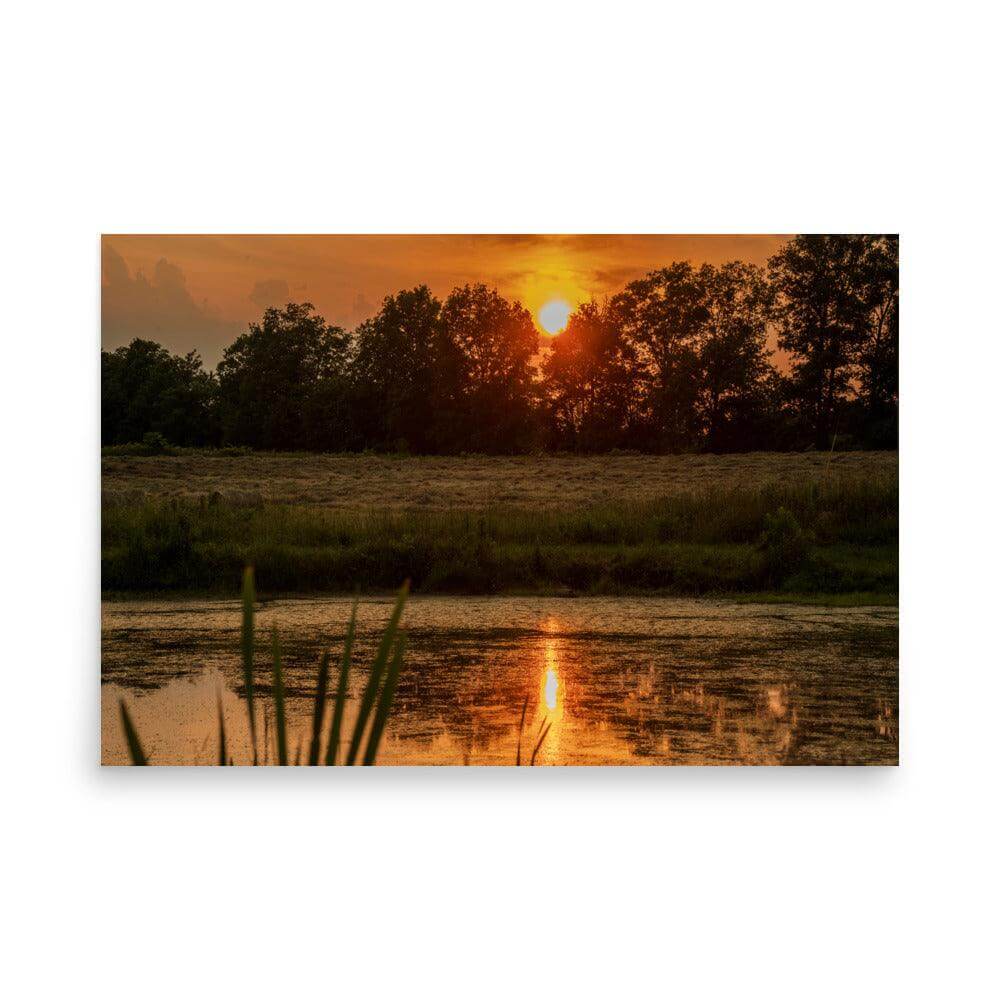 Summer Solstice 2024 matte-finish poster featuring a serene sunset over a lush green field and reflective pond landscape.