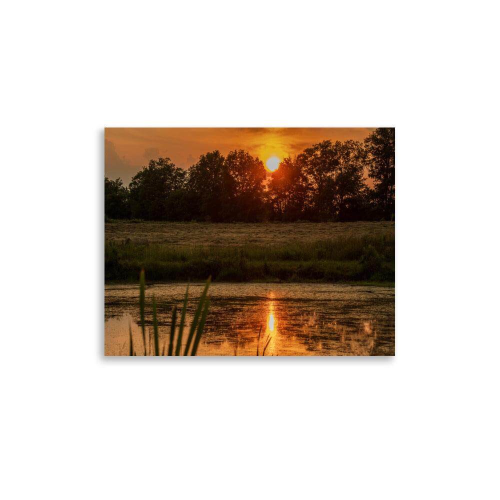 Sunset Landscape Art Print with Trees and Reflective Pond for Home Decor